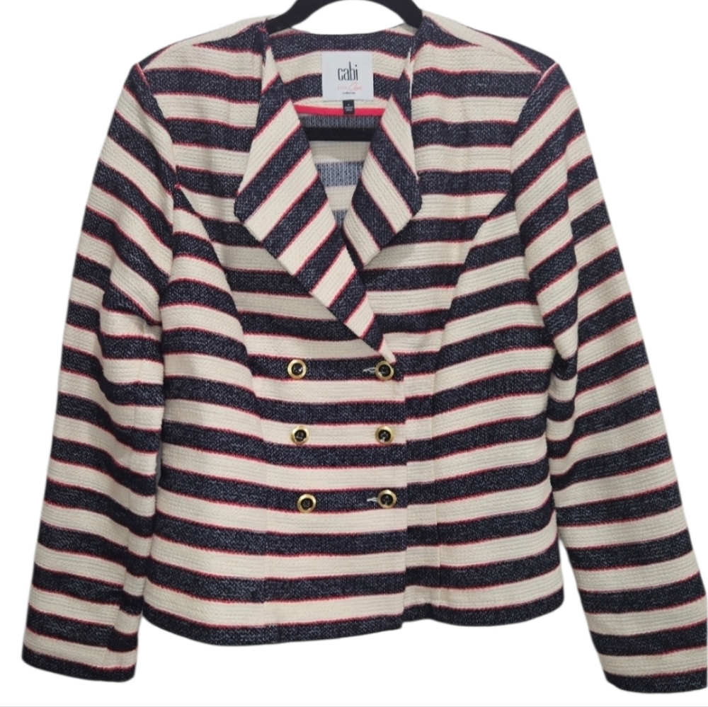 CAbi Blazer Women's Size 6 Striped Navy Blue Red White Nautical Gold Buttons